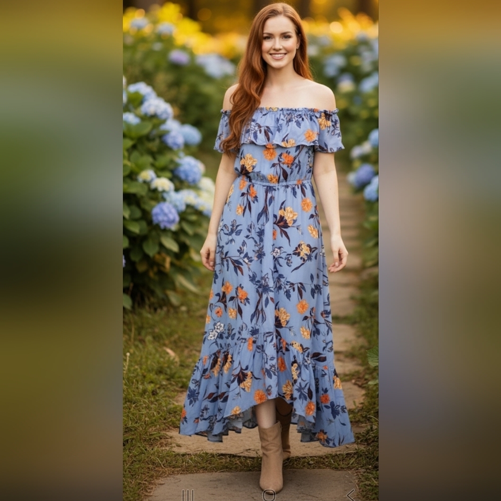 Belle‎ Vere Blue Floral Ruffle Elastic Waist Off Shoulder Maxi Dress Size S